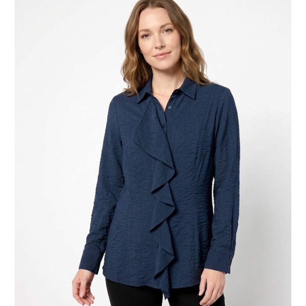 Finley Shirt Medium Navy Ruffle Detail‎ Long Sleeve Button Down Preppy Elegant